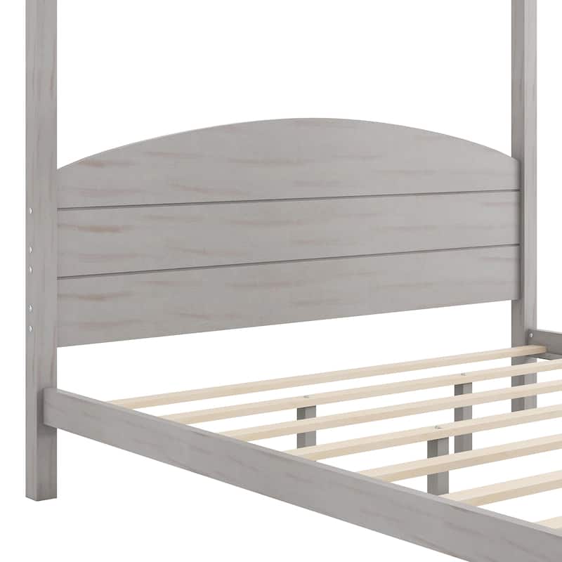Four Poster Canopy Bed with Built-in Headboard and Support Legs King Size Bed Frame with Wooden Slat Support for Bedroom