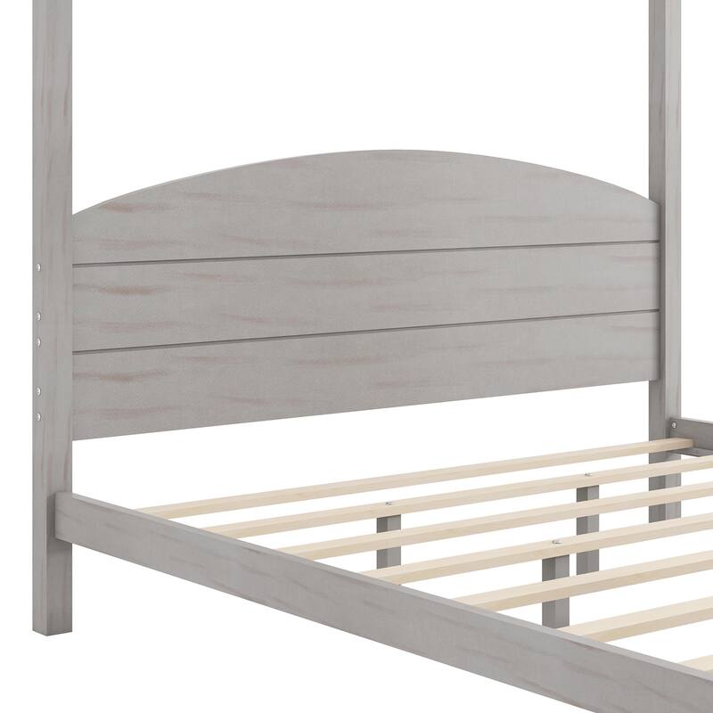 Grey Wash King Size Canopy Platform Bed with Headboard and Support Legs