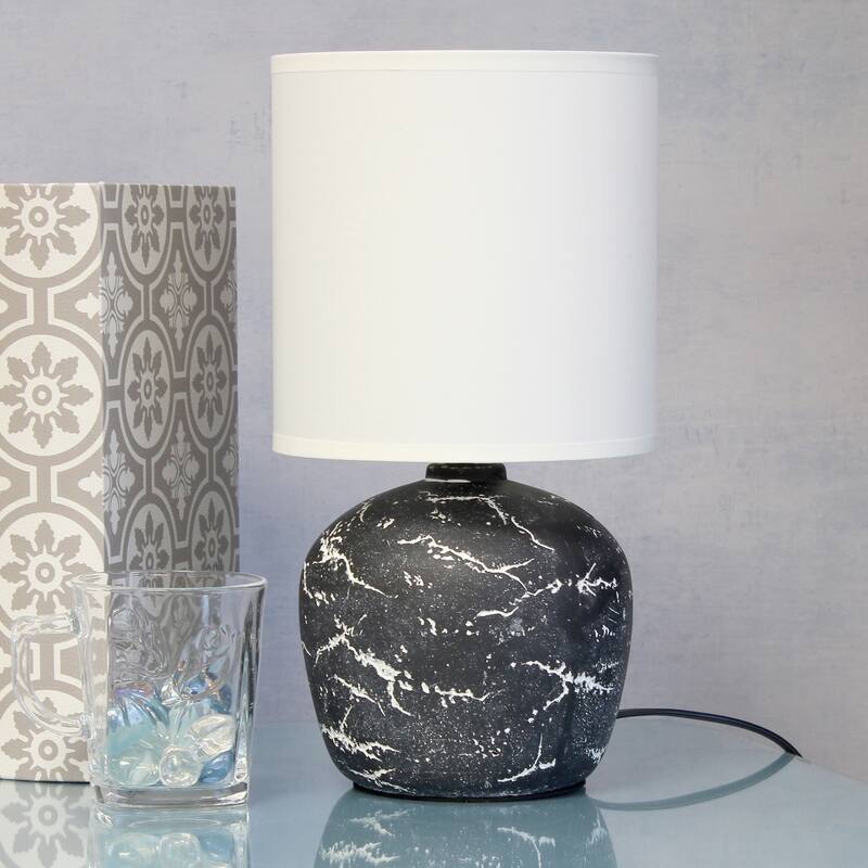 Marble Inspired Ceramic Table Lamp with White Fabric Drum Shade Modern Compact Accent Lighting Multiple Colors