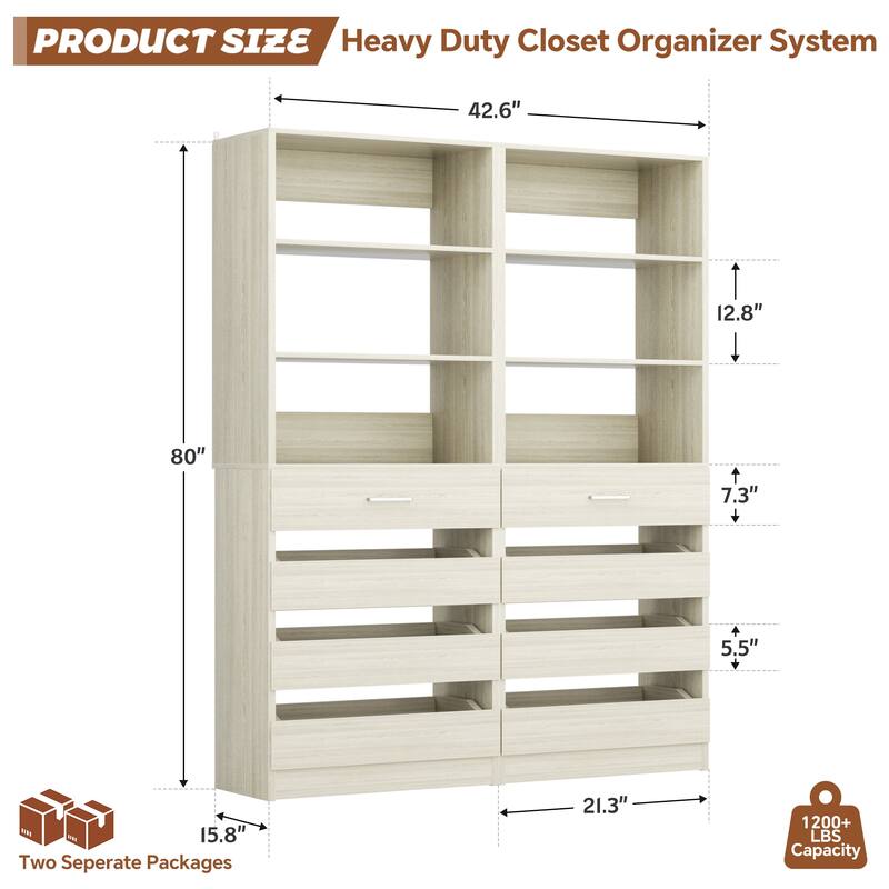 21.3'' W Closet System with 4 Wooden Drawers, 1.78FT Walk-in Closet Organizer Wardrobe with Adjustable Open Shelves