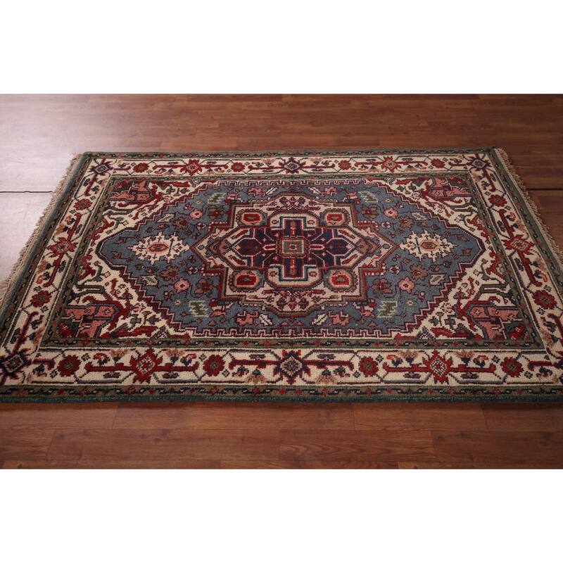 Light Blue Geometric Heriz Serapi Rug Hand-Knotted Wool Carpet - 4'0" X 6'0"