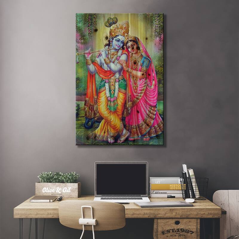 Krishna & Radha Hindu Gods Print On Wood by Unknown Artist - Multi-Color