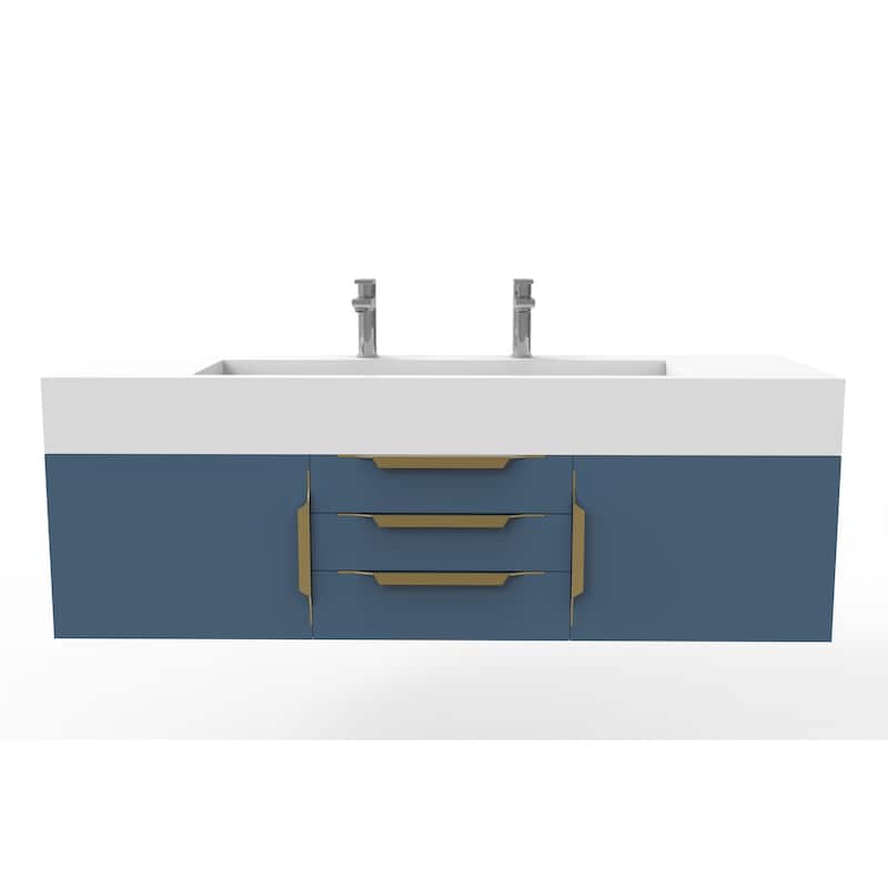 Nile 60" Wall Mounted Bathroom Vanity Set w/ White Top - Blue - Gold Finish