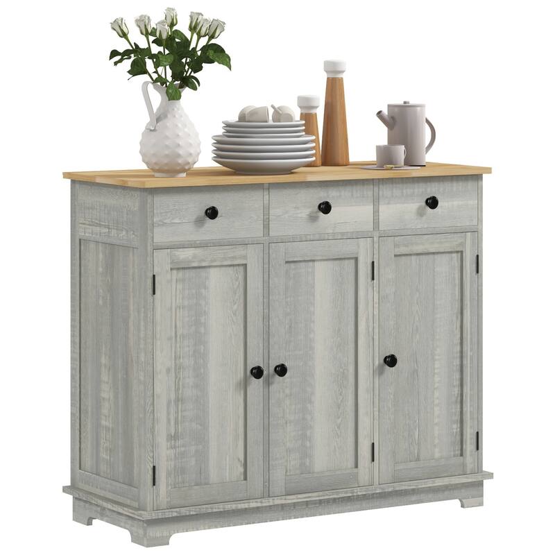 Buffet Cabinet Storage Cabinet Bar Cabinet with 3 Drawers and Adjustable Shelf, Sideboard with Solid Wood Countertop
