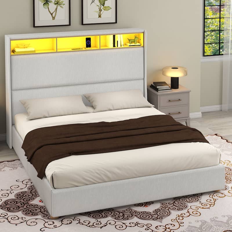 53'' Tall Storage Wingback Headboard, Corduroy Upholstered Platform Bed Frame with Charging Station and RGB LED Lights - Queen