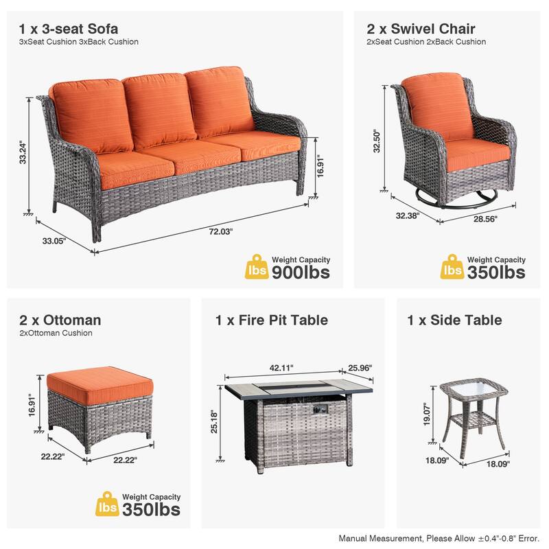 OVIOS 7-piece Patio Swivel Chair Set with 42" Fire Table