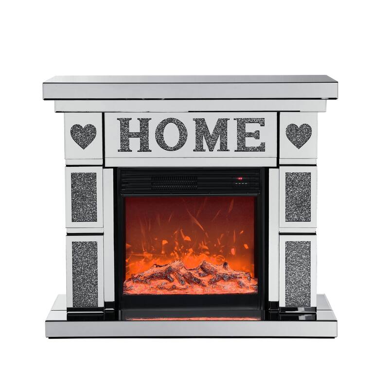 Freestanding Silver TV Fireplace Cabinet with 3D Realistic LED Flames, Acrylic Crystal Design, and Remote Control