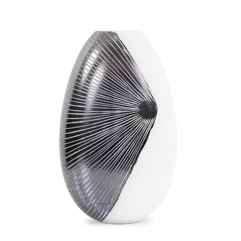 Allan Andrews Contemporary Glossy White Blown Glass Vase with Black Rays
