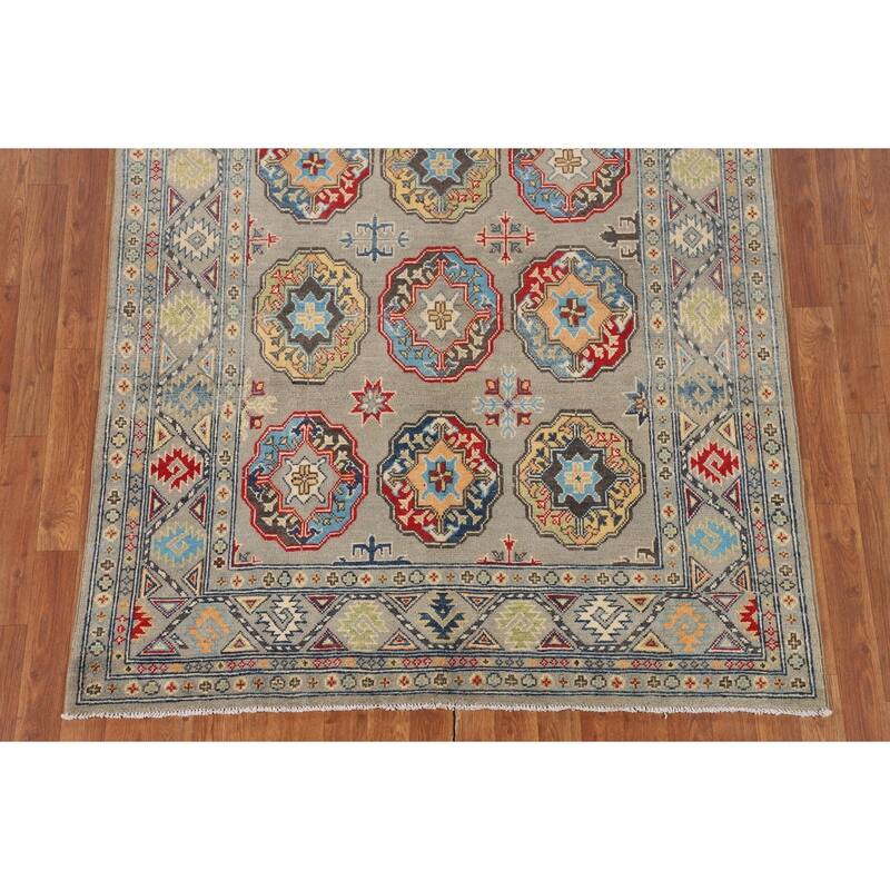 Geometric Grey Kazak Oriental Area Rug Handmade Wool Carpet - 4'10" x 6'11"