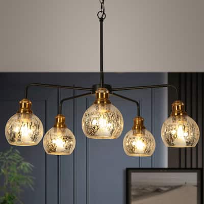 Vespa Mid-century Modern Glam 5-Light Brass Wheel Dining Room Chandelier with Globe Art Mercury Glass - 28.3'' D x 21.5'' H