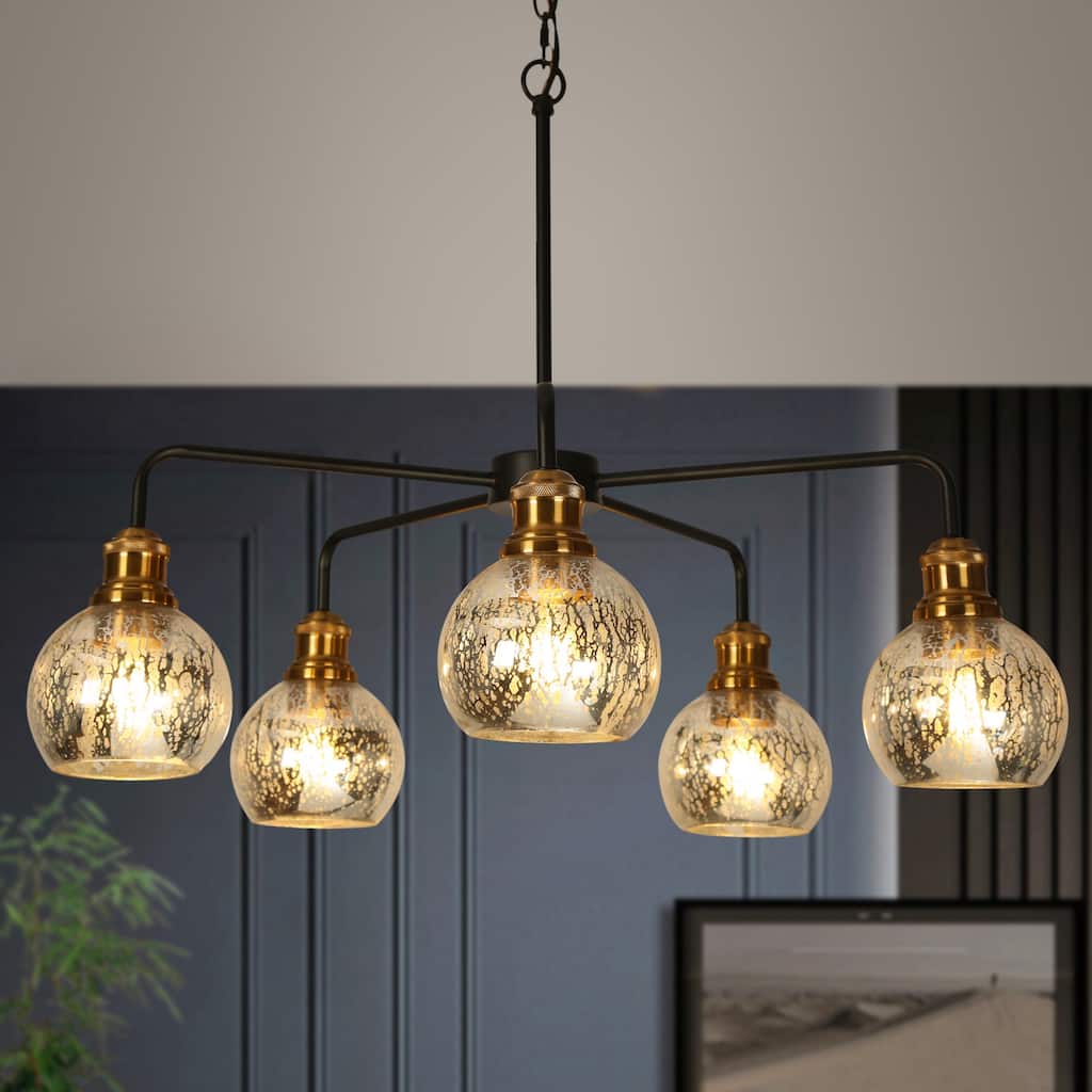 Vespa Mid-century Modern Glam 5-Light Brass Wheel Dining Room Chandelier with Globe Art Mercury Glass - 28.3'' D x 21.5'' H