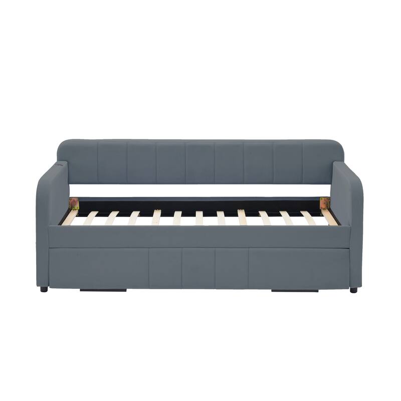 Twin Size Velvet Upholstered Daybed, Wood Sofa Bed Frame Daybed Couch with Trundle Bed and Wood Slat