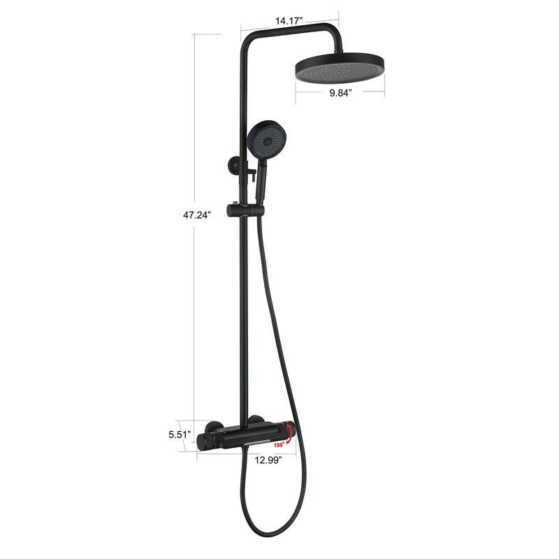 Exposed Pipe Thermostatic Tub Shower Faucet with Hand Shower Matte Balck 3-Setting Spray Complete Wall Mounted Shower System
