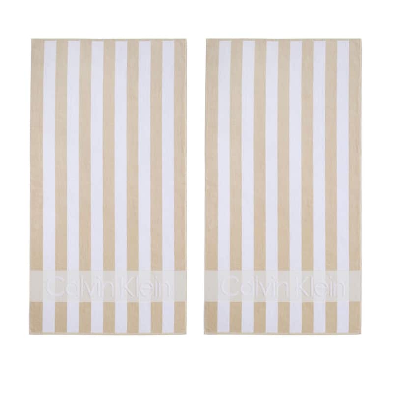 Calvin Klein 2 Piece Beach Towel Set - 2 Piece - Beach Stripe Logo Beige