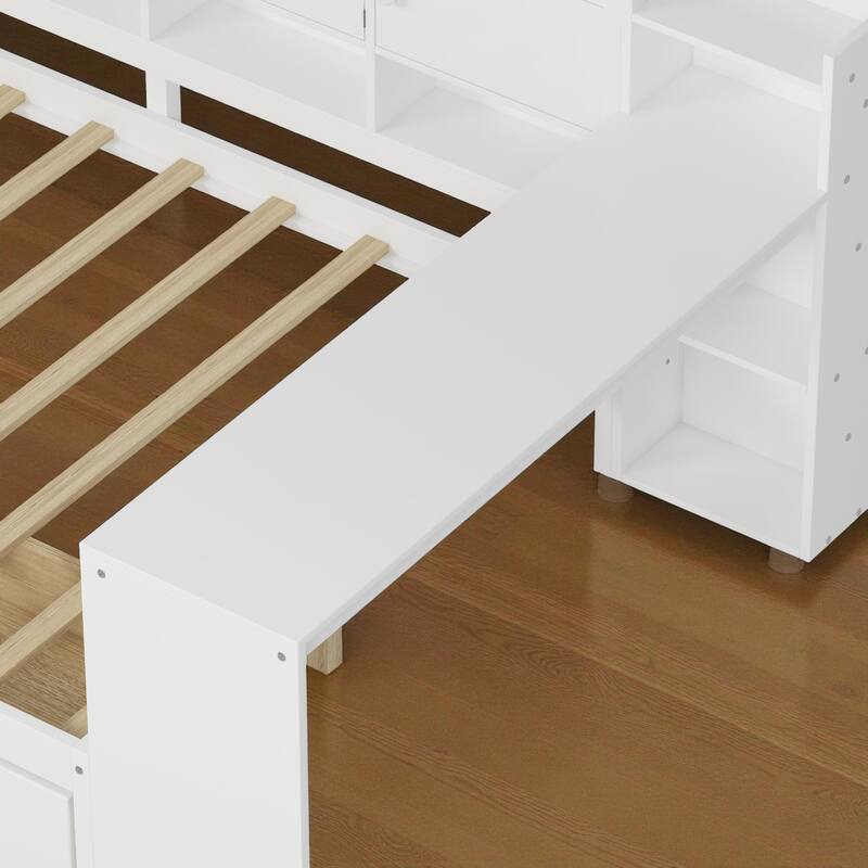 Wooden L-Shaped Daybed with Study Desk, Bookshelf, 7 Storage Cabinets and 2 Drawers, Multi-Functional Space-Saving Bed