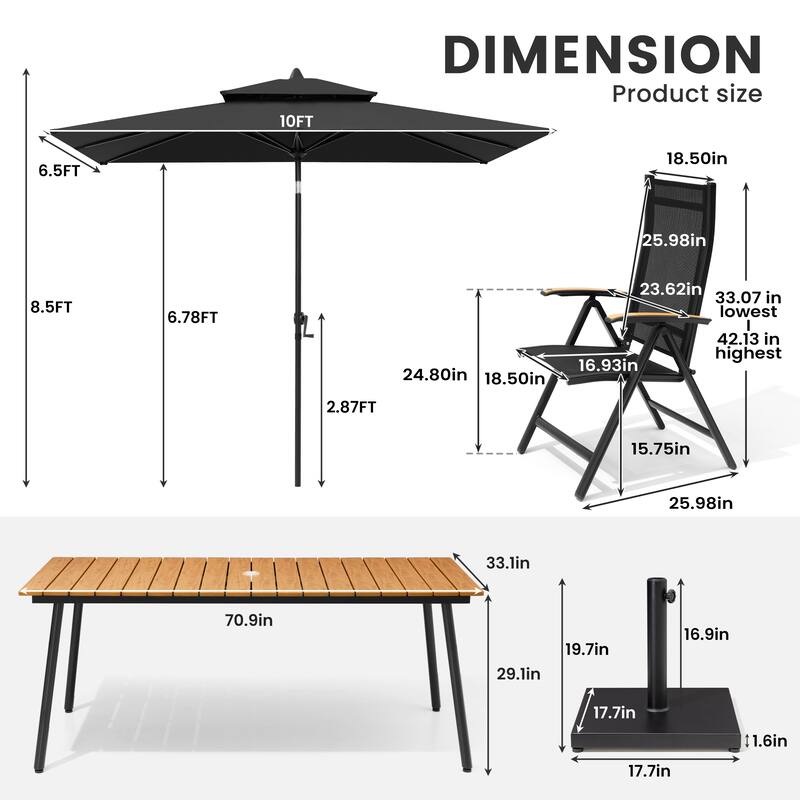 9/11-Piece Outdoor Aluminum Patio Dining Set w/10 ft Umbrella and Base, Rectangle Table and Folding Chairs