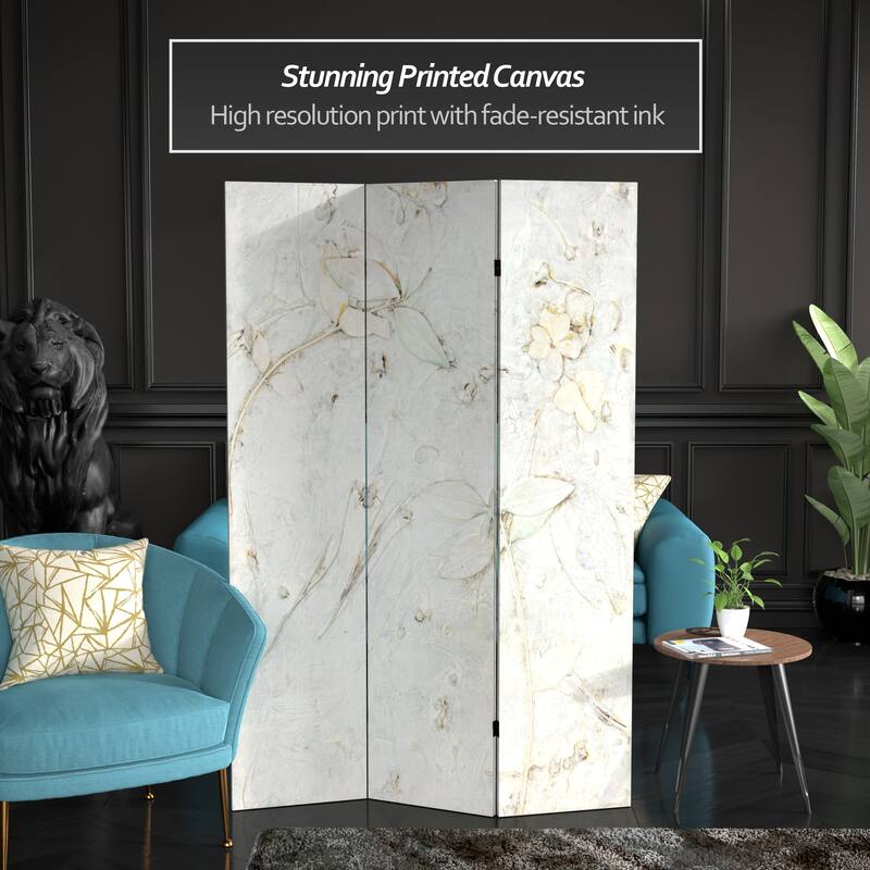 Handmade 6' Double Sided Ivory Flowers Canvas Room Divider