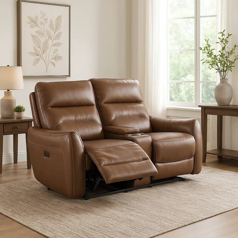 Teren Power Recliner Loveseat, 63 Inch, Brown Grain Leather, Cupholders