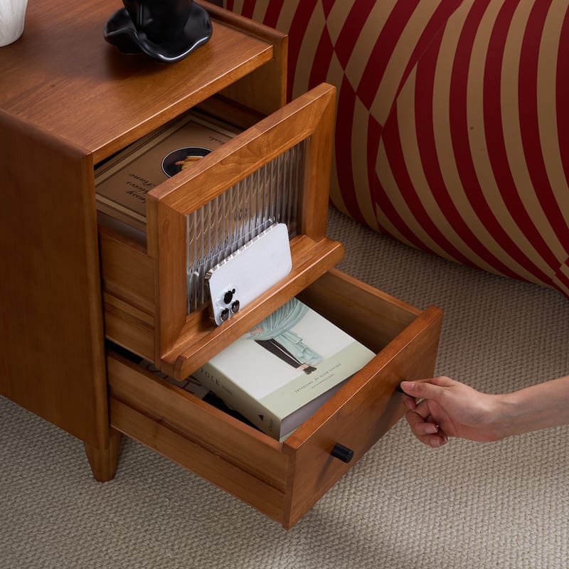 Traditional Vintage Pine Glass Nightstand 2-Drawer For Bedroom
