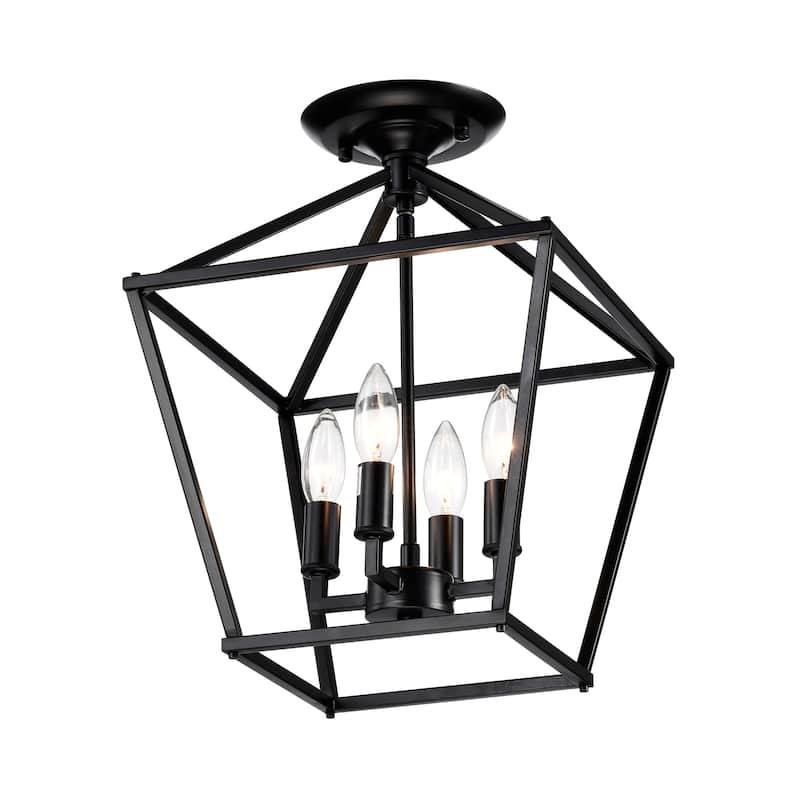 Matte Black 4-Light 12 in. Cage Lantern Farmhouse Semi-flush Mount
