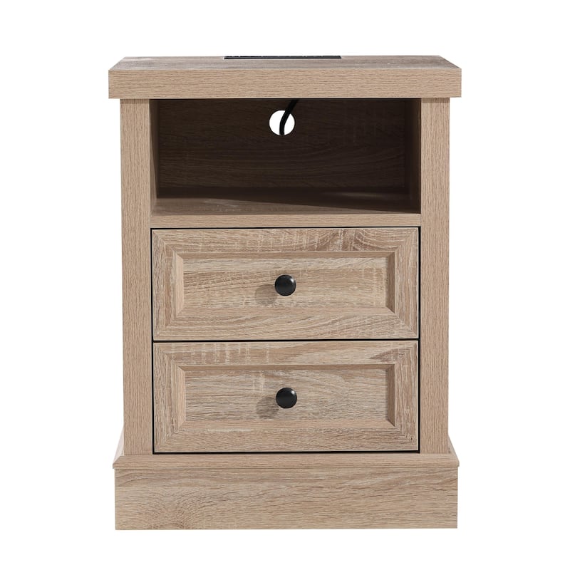 COZAYH Farmhouse Nightstand with Charging Station, Vintage Bedside Table Featuring Outlet & USB Ports, 2 Drawers and Open Shelf