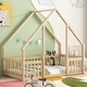preview thumbnail 1 of 10, Natural Twin Size Pine Wood House-Shaped Floor Bed with Fence, Guardrails and Roof for Bedroom Twin - Natural