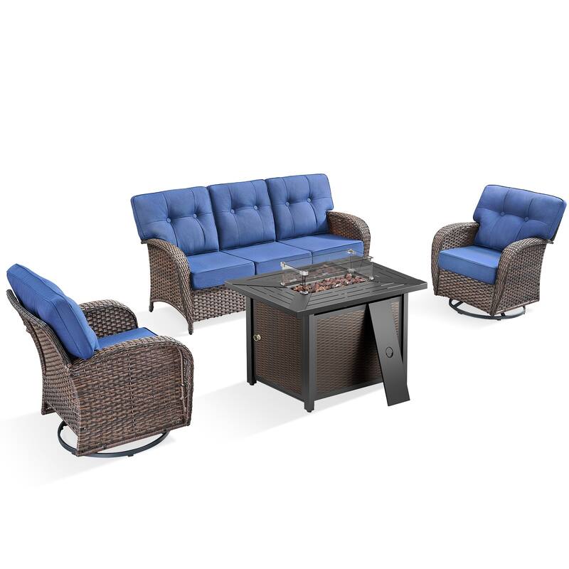Pocassy Outdoor 43 In Fire Table with Sofa Swivel Chair Set