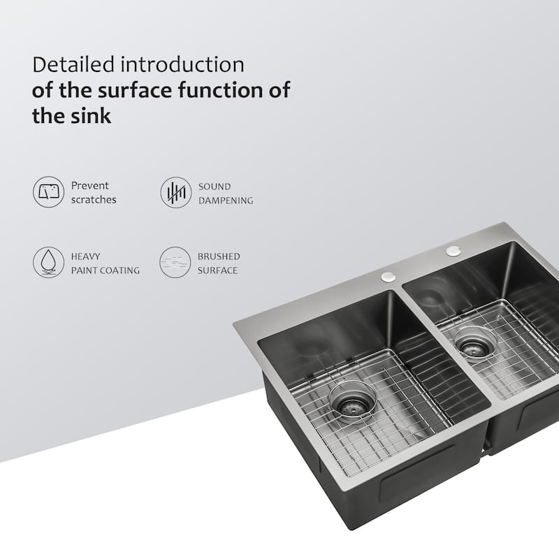 33 Inch Drop-in 16 Gauge Double Bowl Stainless Steel Kitchen Sink in Gunmetal Black - 33'' x 22'' x 10''