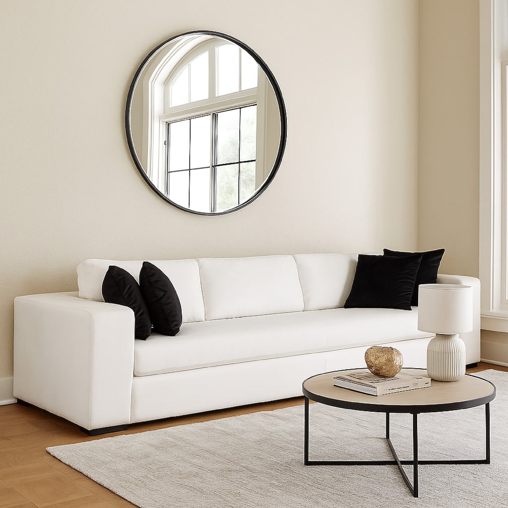 Lipi Modern Sofa, Mist White Fabric w Track Arms, 110 Inch, 4 Accent Pillows