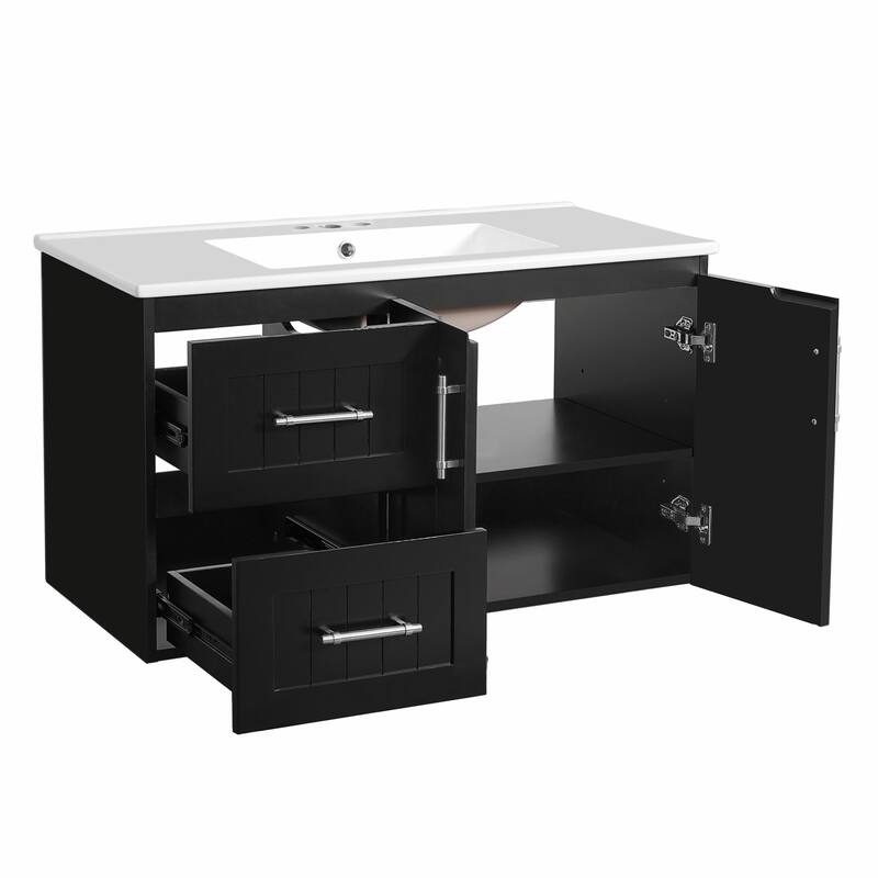 36'' Wall Mounted Bathroom Vanity - Floating Bathroom Storage Cabinet with 2 Drawers, 3 Holes Single Ceramic Sink