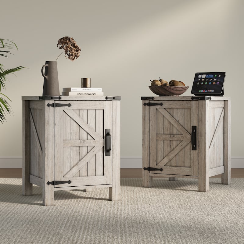 Farmhouse Nightstand Set of 2 with Charging Station, Rustic End Table - Grey