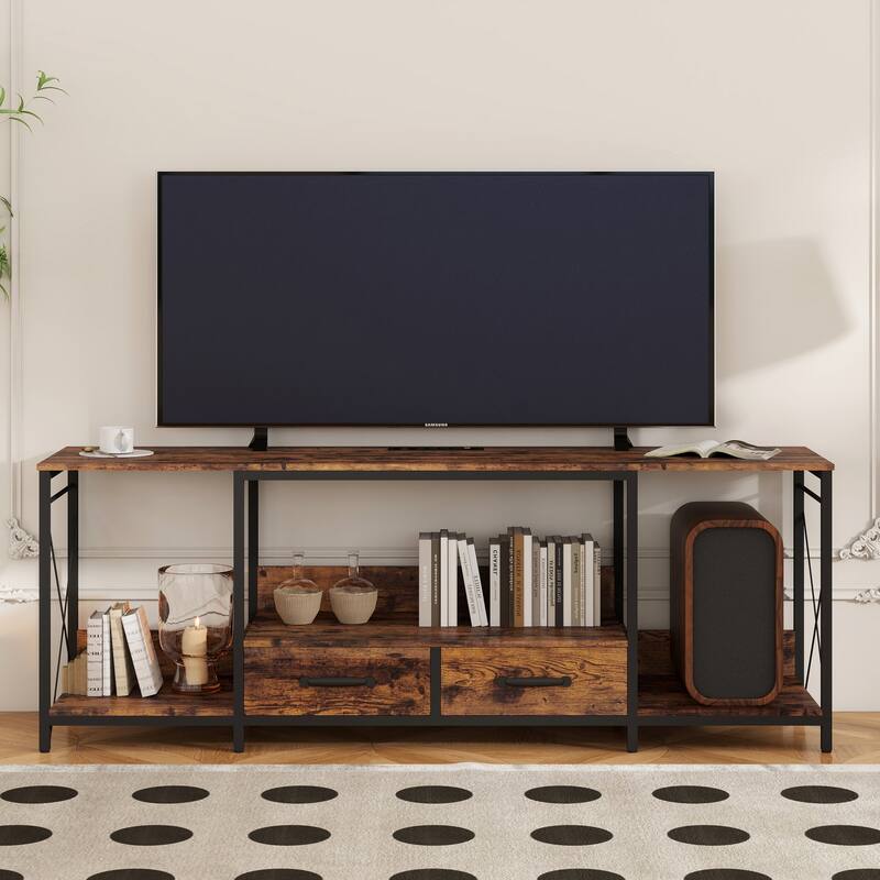 TV Stand,LED Lights Power Outlets,Fabric Drawers for 65 70 75 Inches,Entertainment Center,TV Console Table,Open Storage Shelves - Light Brown Multi