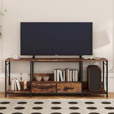 TV Stand,LED Lights Power Outlets,Fabric Drawers for 65 70 75 Inches,Entertainment Center,TV Console Table,Open Storage Shelves