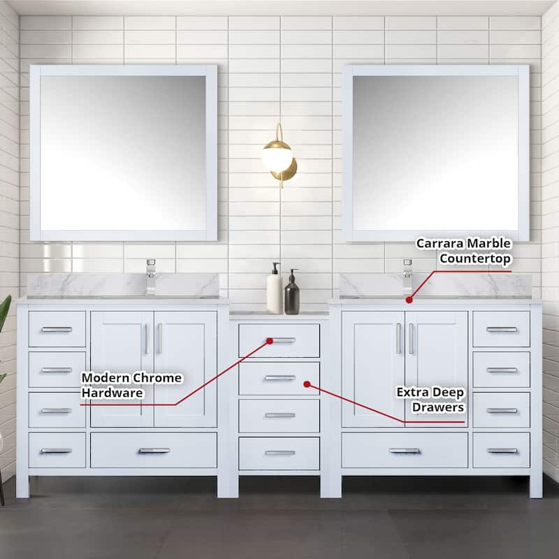 Coraline 92 in W x 22 in D Double Bath Vanity, Carrara Marble Top, and 34 in Mirrors