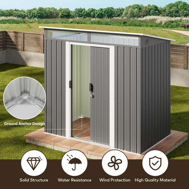 6' x 4' Outdoor Metal Storage Shed, Outdoor Metal Garden Shed with Glass Window and Sliding Door