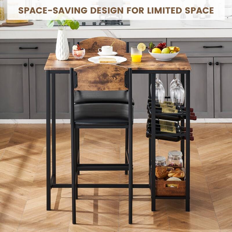 Bar Table Set of 2 with Footrest, Kitchen Dining Table with 2 Upholstered Chairs