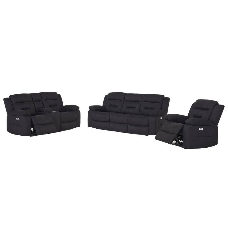 3-Piece Modular Power Recliner Fabric Sofa Set with USB&USB-C Charging For Livingroom - Black