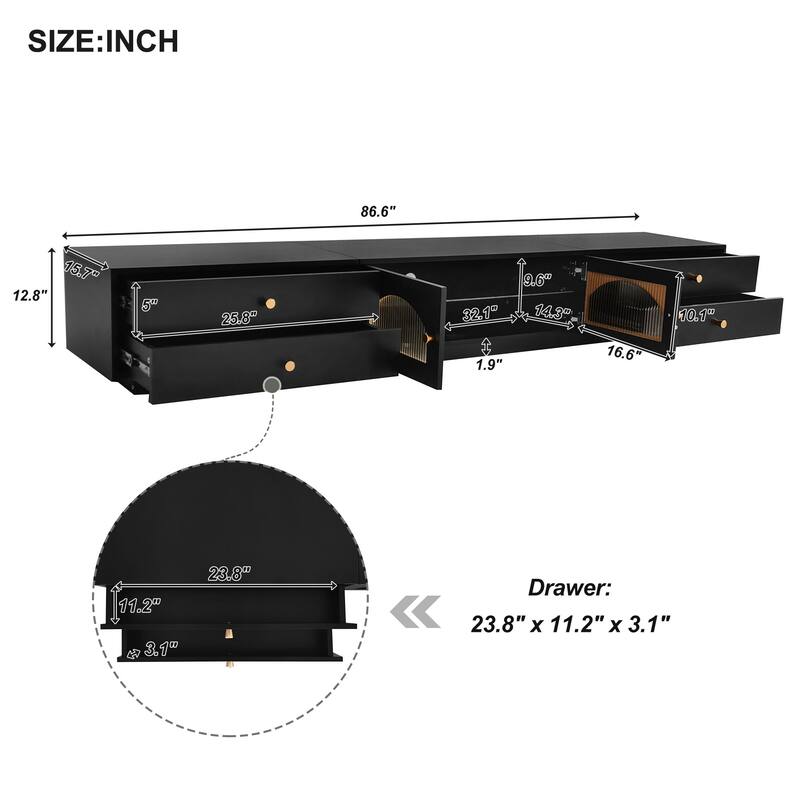 Black 86.6" TV Stand with Fluted Glass Doors and Multiple Storage Options for TVs Up to 95"
