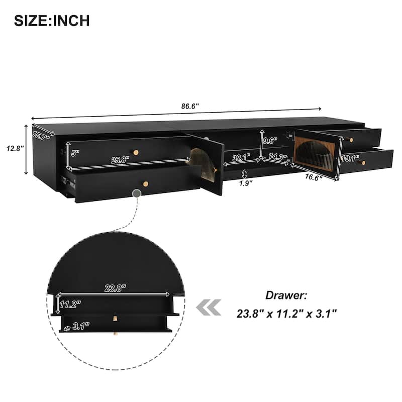 86-inch Luxurious TV Stand Media Console Fluted Glass Doors & Four Drawers - 15.70 x 86.60 x 12.80