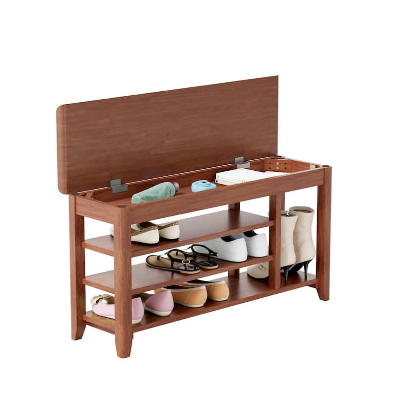 GDFStudio - Eulalia Rubberwood Storage Shoe Bench with Mid-Century Texture