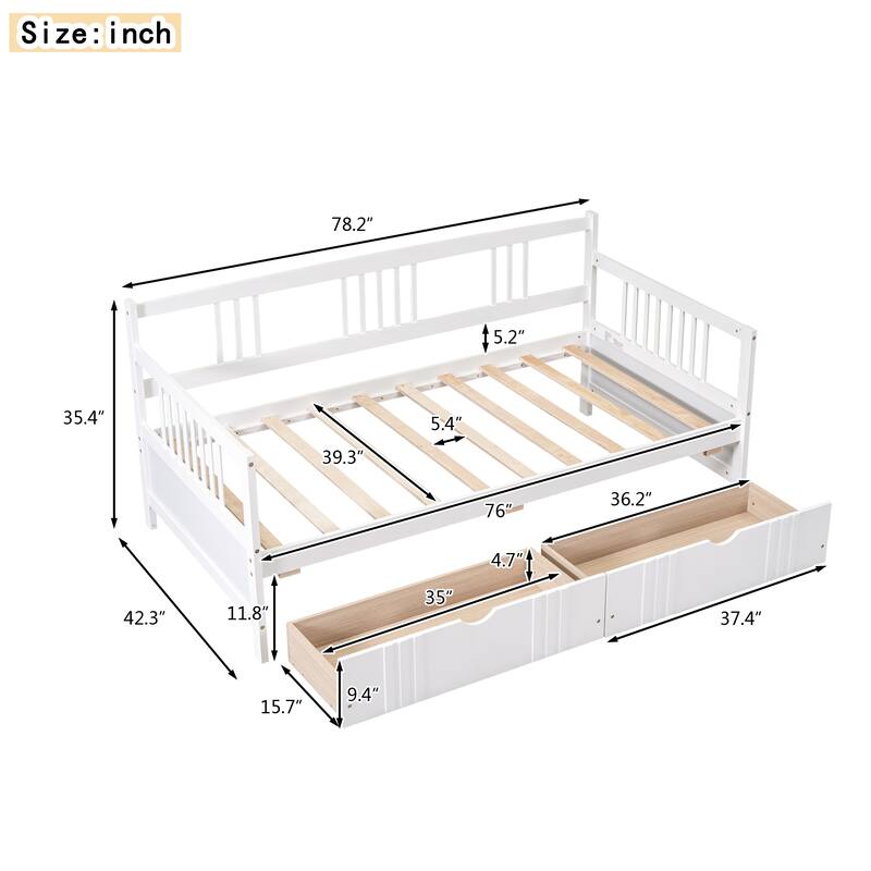 Twin Size Wood Daybed with Two Drawers, White - Space-Saving Modern Design