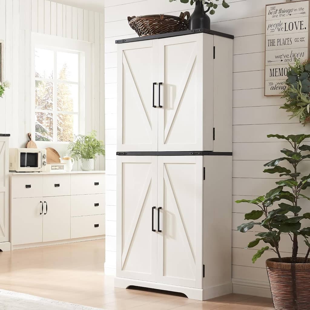 72" Tall Farmhouse Kitchen Pantry, Storage Cabinet with Barn Doors - N/A