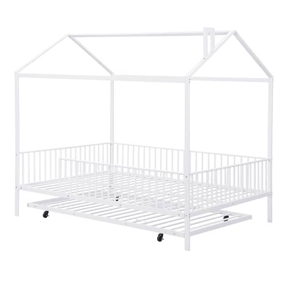 slide 2 of 15, House-Shaped Design Full Size Metal Platform Bed with Fence and Trundle White