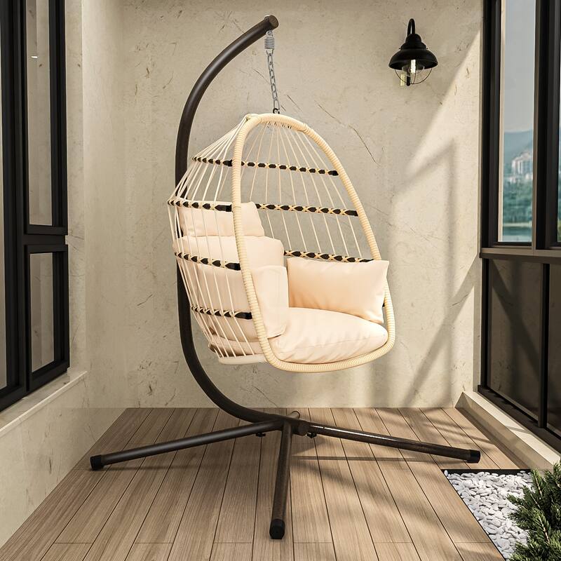 Patio Foldable Hammock Chair Hanging Rope Chair Porch Swings Lounge