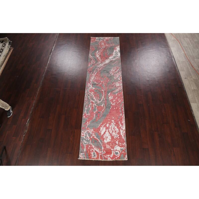 Wool/ Silk Vegetable Dye Abstract Oriental Runner Rug Hand-knotted - 3'1" x 12'2"