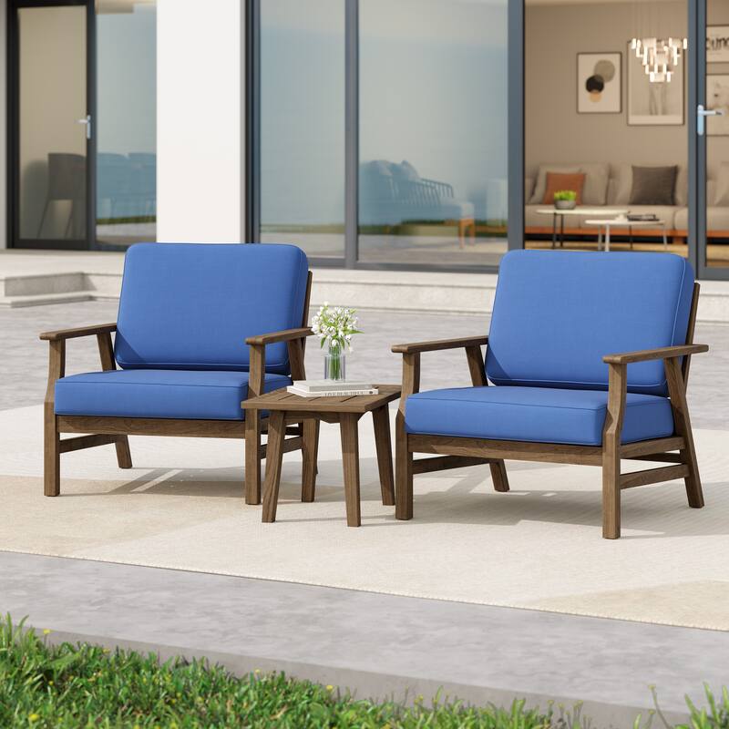 3-Piece Teak Outdoor Conversation Set with Cushions and Side Table - BLUE
