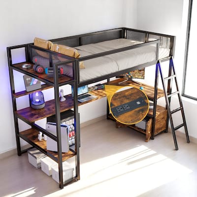 Space-Saving Twin Metal Loft Bed with Built-in Workstation, Color LED Lights & Storage Shelves