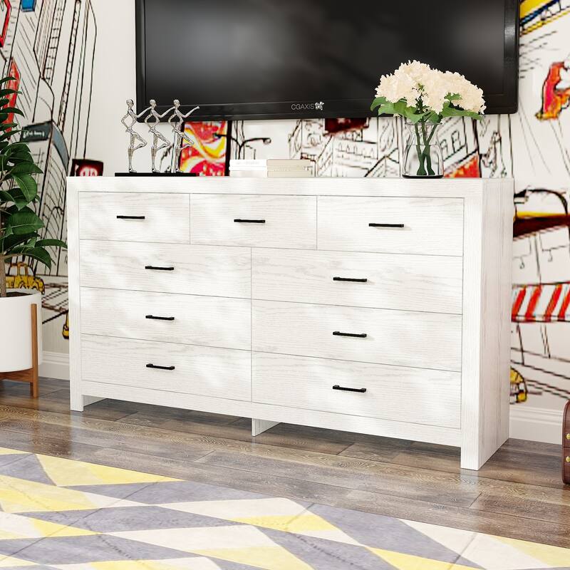 63" White 9 Drawer Dresser for Bedroom, Modern Wide Wood Storage Dresser with Metal Handles