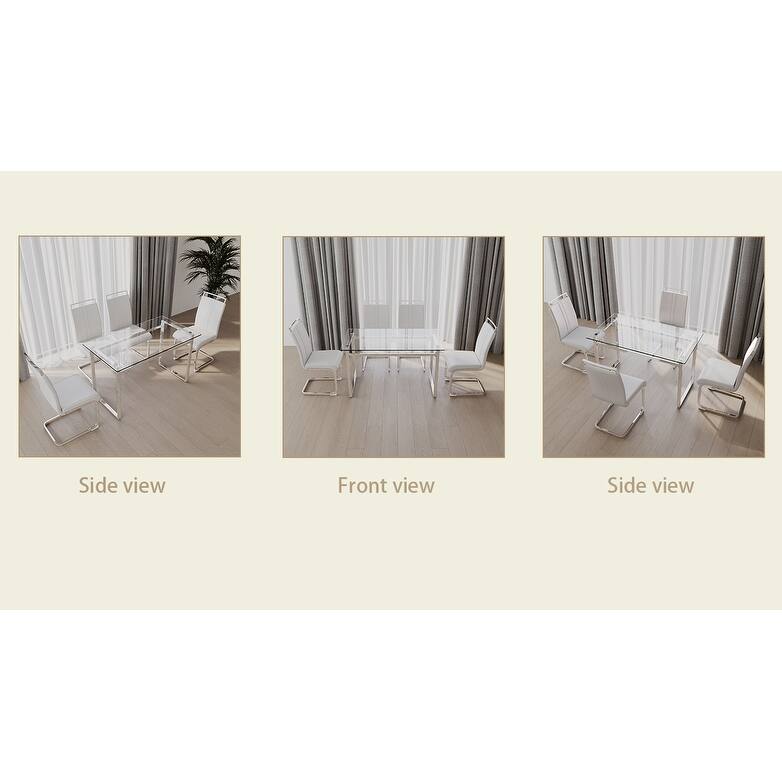 Modern 5-Piece Dining Set with Rectangular Glass Table & High Back Silver-Plated Legs Dining Armless Chairs