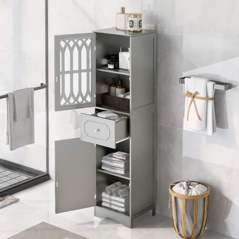 White/Grey Freestanding Linen Tower with 4-Tier Shelves - Space Saver Cabinet
